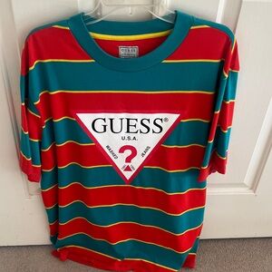 GUESS Men’s Red and Teal Striped Tee